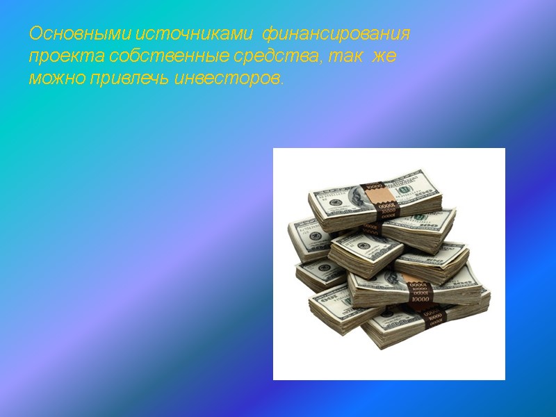 Основными источниками  финансирования проекта собственные средства, так  же можно привлечь инвесторов.